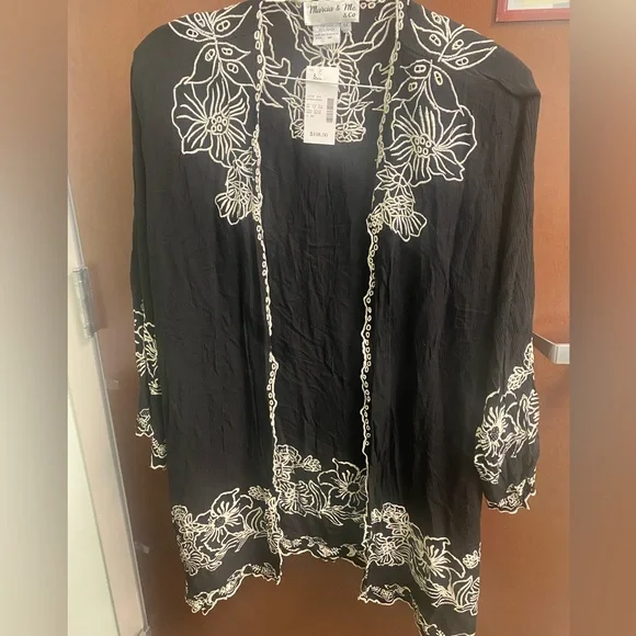 Marcia & Me & Co Black Kimono with Intricate White Floral Embroidered Design - Picture 1 of 5